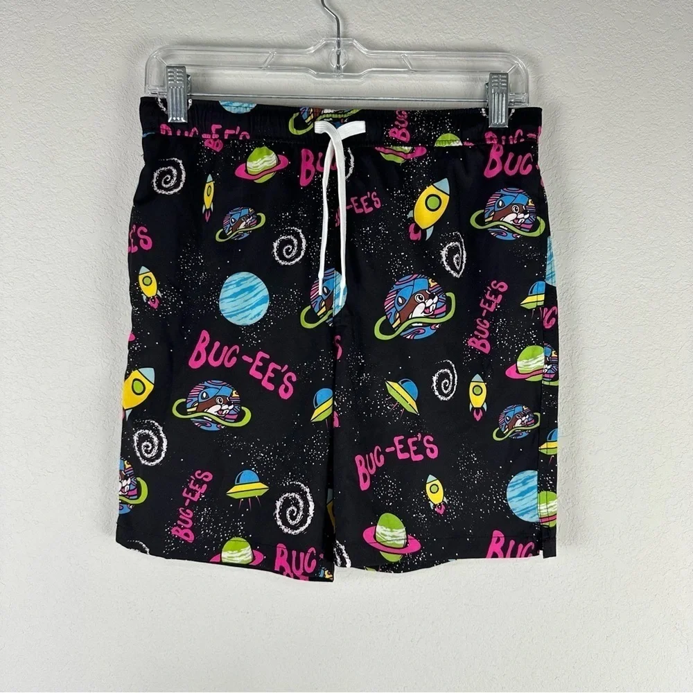 Buc-ee’s Boy’s Black Neon Outer Space Drawstring Swim Trucks Size Youth Large